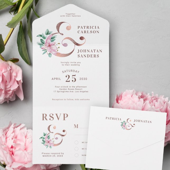 Pastel spring blush pink floral elegant wedding all in one invitation (Creator Uploaded)