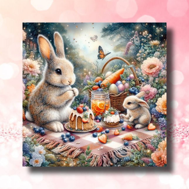 Pastel Spring Bunny Easter Basket Picnic Holiday Card (Creator Uploaded)