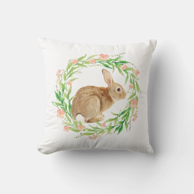 Pastel Spring Easter Bunny Wreath Cushion (Front)