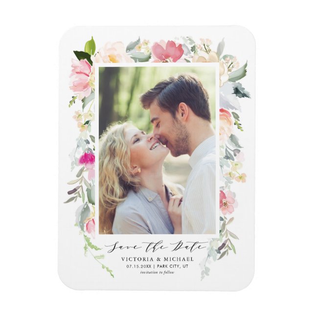 Pastel Spring Floral Blooms Frame Save the Date Magnet (Vertical)