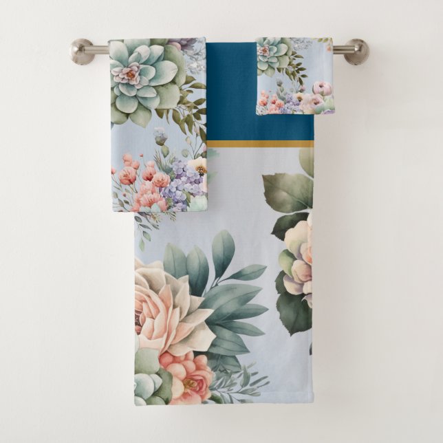 PASTEL SPRING FLORAL NAVY BATHROOM TOWEL SET (Insitu)