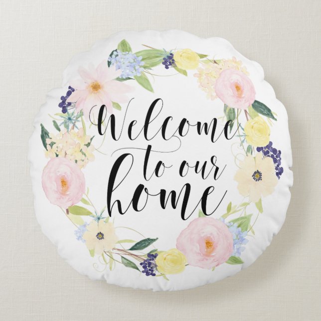 Pastel Spring Floral Wreath Welcome To Our Home Round Cushion (Front)