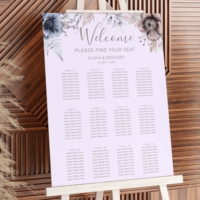 Pastel Spring Flower Wedding Seating Chart (Elegant Pastel Spring dusky blue, heather lilac, and beige. Watercolor Flower Wedding Seating Chart)