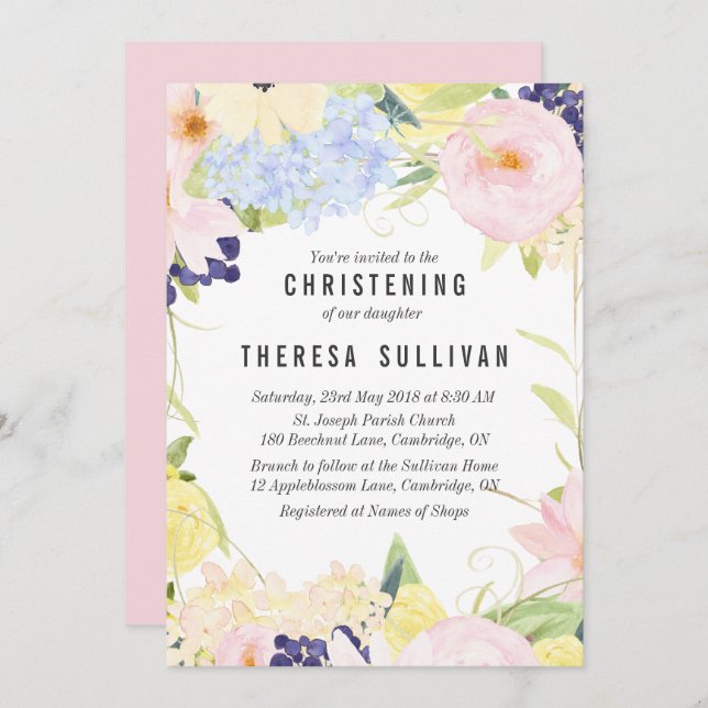 Pastel Spring Flowers Christening Invitation (Front/Back)