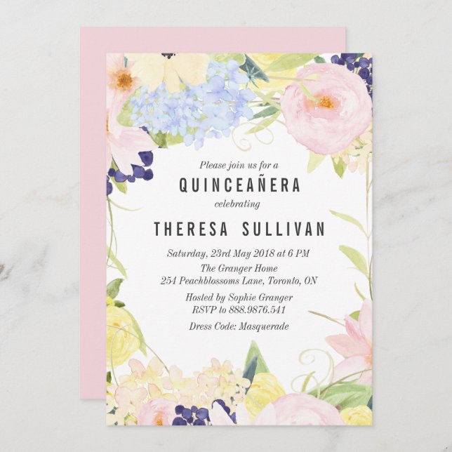 Pastel Spring Flowers Quinceañera Invitation (Front/Back)