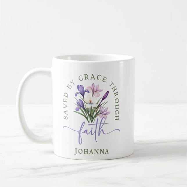 Pastel Spring Flowers Saved by Grace through Faith Coffee Mug (Left)