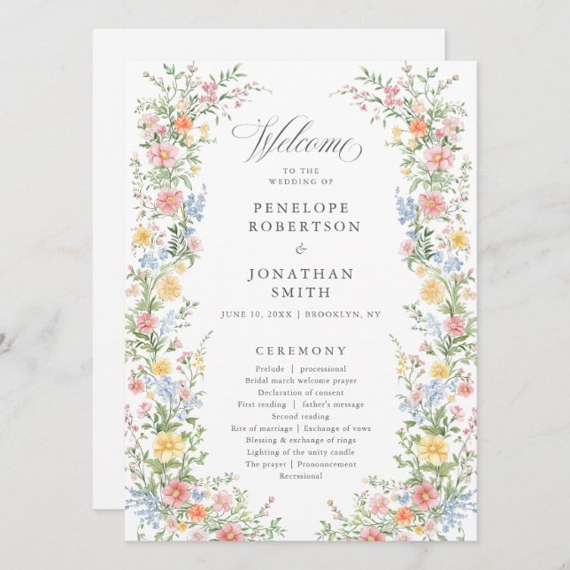 Pastel Spring Garden Floral Wedding Program card (Front/Back)