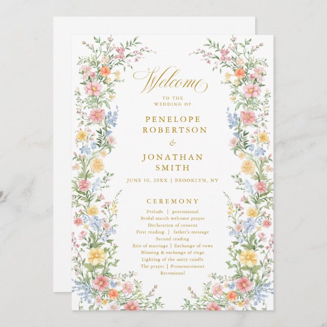 Pastel Spring Garden Floral Wedding Program card (Front/Back)