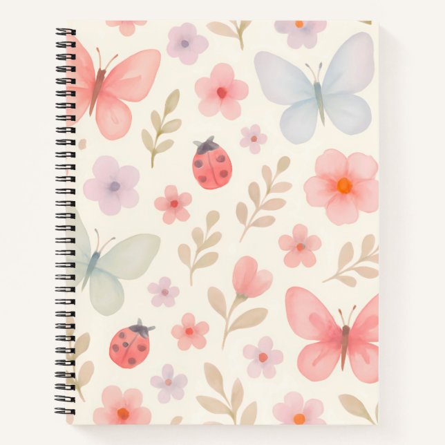 Pastel Spring Garden Pattern – Butterflies, Ladybu Notebook (Front)