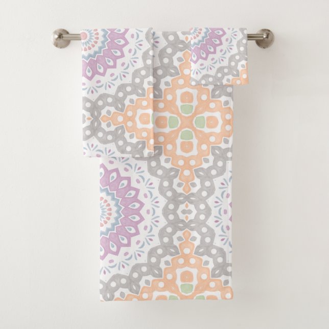 Pastel Spring Mandala Pattern in Soft Symmetry Bath Towel Set (Insitu)