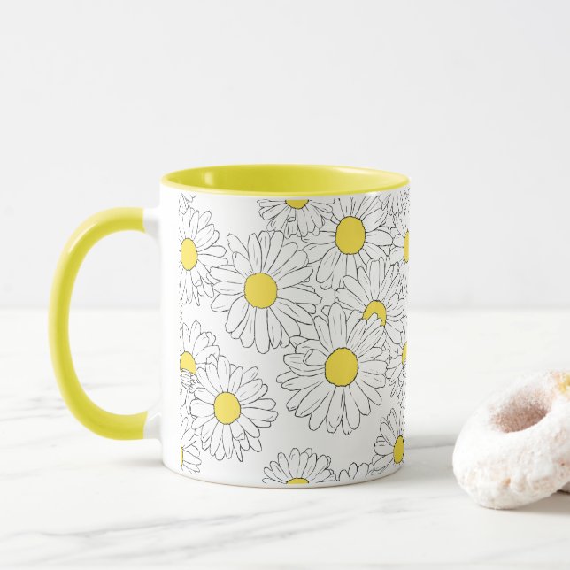 Pastel spring modern yellow daisy pattern mug (With Donut)