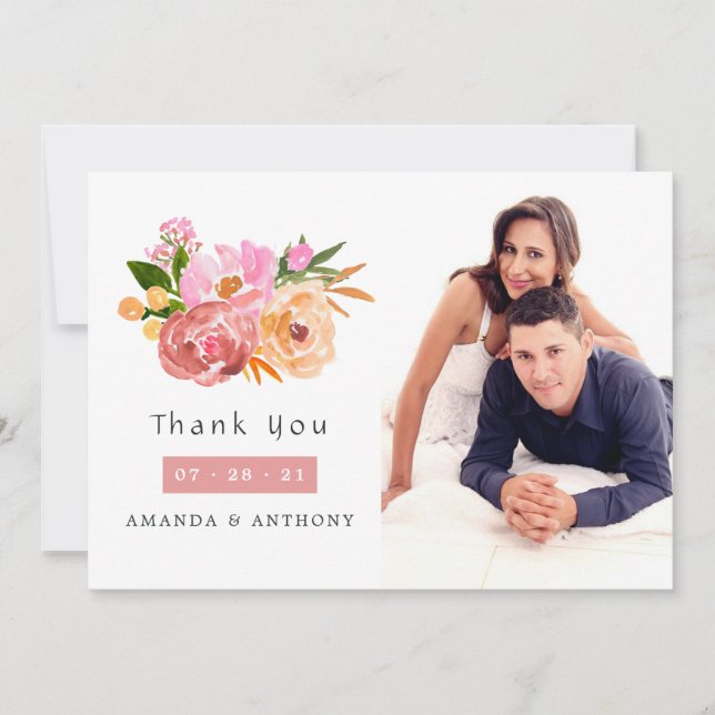 Pastel Spring Wedding Floral Wedding Photo Thank You Card (Front)