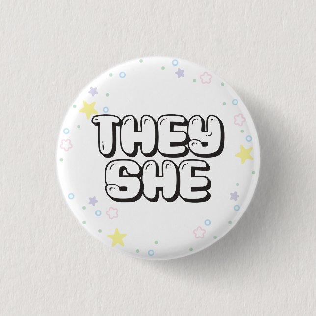 Pastel Star Confetti They/She Pronouns  3 Cm Round Badge (Front)