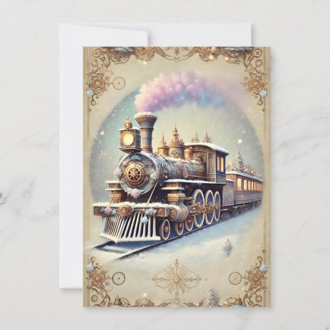 Pastel Steampunk Christmas Card Antique Train (Front)