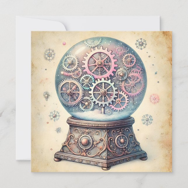 Pastel Steampunk Christmas Snow Globe Greetings Holiday Card (Front)