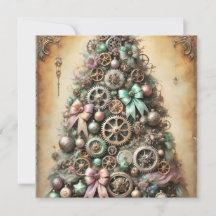 Pastel Steampunk Christmas Tree Greeting Card