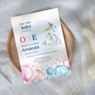 Pastel Stork & Balloons 1st Birthday Invitation