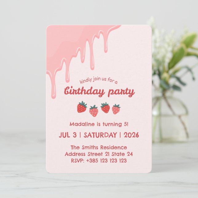 Pastel Strawberries Birthday Party Invitation  (Standing Front)