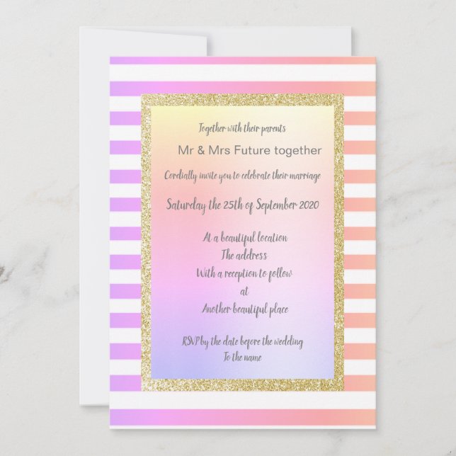 pastel stripe gold wedding with gold glitter invitation (Front)