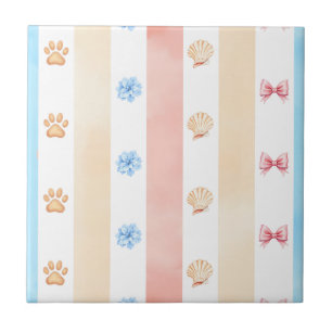 Pastel Stripe - Paw Prints, Blue Flower, Pink Bows Ceramic Tile