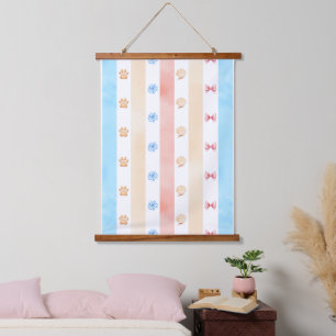 Pastel Stripe - Paw Prints, Blue Flower, Pink Bows Hanging Tapestry