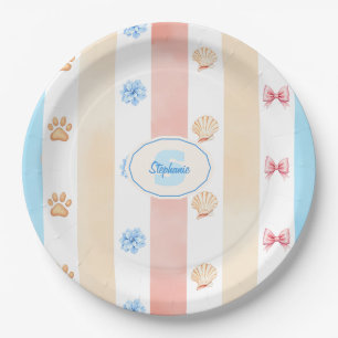 Pastel Stripe - Paw Prints, Blue Flower, Pink Bows Paper Plate