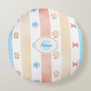 Pastel Stripe - Paw Prints, Blue Flower, Pink Bows Round Cushion