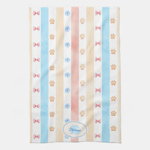 Pastel Stripe - Paw Prints, Blue Flower, Pink Bows Tea Towel