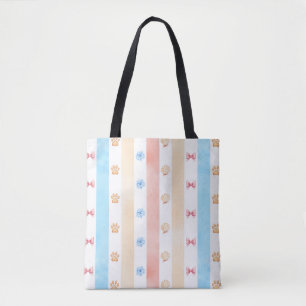 Pastel Stripe - Paw Prints, Blue Flower, Pink Bows Tote Bag