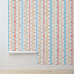 Pastel Stripe - Paw Prints, Blue Flower, Pink Bows Wallpaper