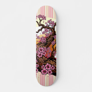 Pastel Striped Cherry Blossom Sunset Japanese Skateboard
