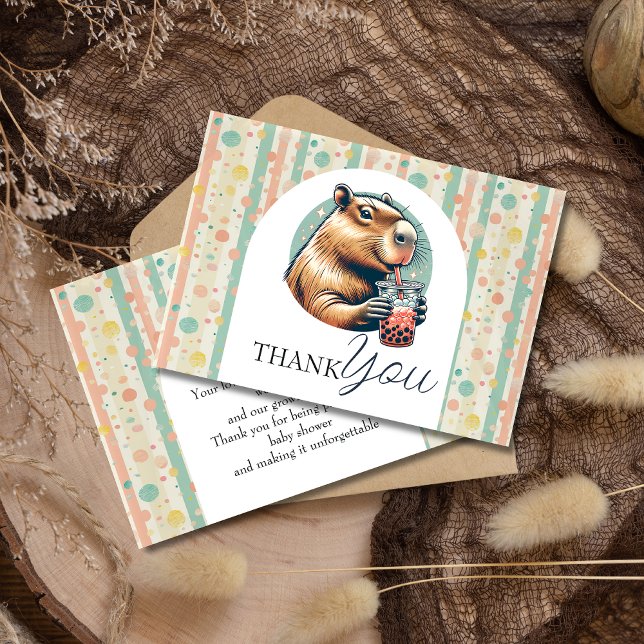 Pastel Striped Funny Capybara Custom Baby Shower Thank You Card (Creator Uploaded)