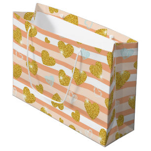 Pastel Striped Hearts with Shimmering Gold Accents Large Gift Bag