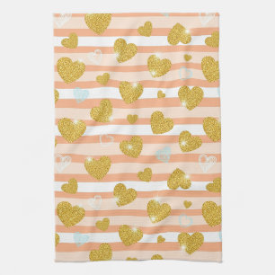 Pastel Striped Hearts with Shimmering Gold Accents Tea Towel