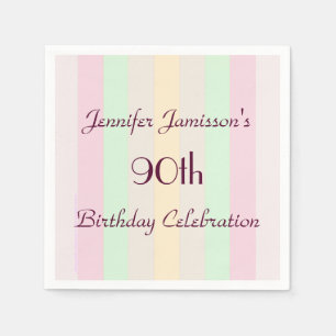 Pastel Striped Paper Napkins, 90th Birthday Party Napkin