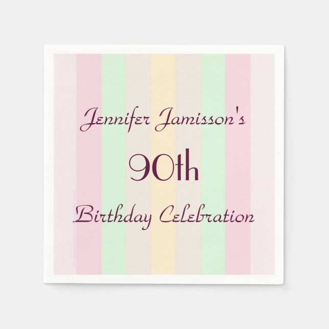 Pastel Striped Paper Napkins, 90th Birthday Party Napkin (Front)