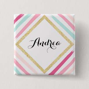 Pastel Stripes and Gold Glitter Personalised 15 Cm Square Badge