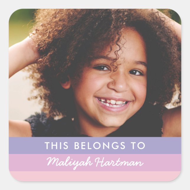 Pastel Stripes Cute Script Name Kids School Purple Square Sticker (Front)