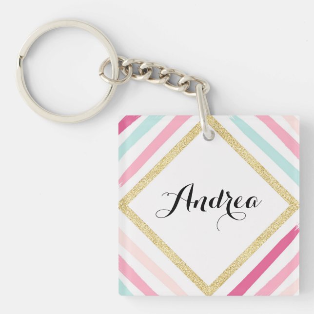 Pastel Stripes Gold Glitter Personalised Keychain (Front)