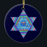 Pastel Stripes Hanukkah Star Ornament<br><div class="desc">A digital collage, in pretty pastel stripes; a Star of David with a Chai (life) symbol at the centre. Light and dark blue backgrounds on each side are customisable!</div>