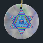 Pastel Stripes Hanukkah Star Ornament<br><div class="desc">A digital collage, in pretty pastel stripes; a Star of David with a Chai (life) symbol at the centre on a pale pastel starburst background.</div>