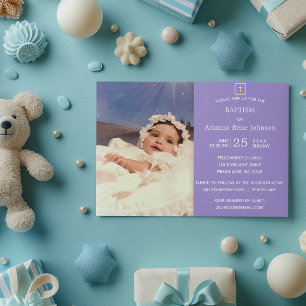 Pastel Stripes Lavender Photo Baptism Christening Invitation