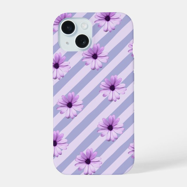 Pastel stripes pattern with Daisies iPhone 15 Case (Back)