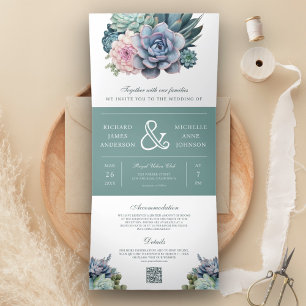 Pastel Succulent Ampersand QR Code Wedding Tri-Fold Invitation
