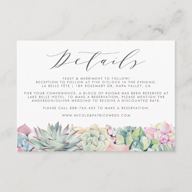 Pastel Succulents Garland Wedding Details Enclosure Card (Front)