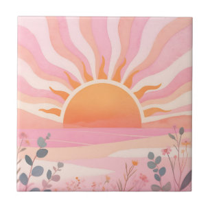 Pastel Sunrise Boho Meadow Ceramic Tile