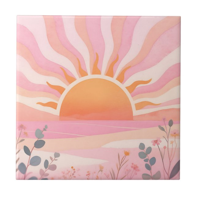 Pastel Sunrise Boho Meadow Ceramic Tile (Front)