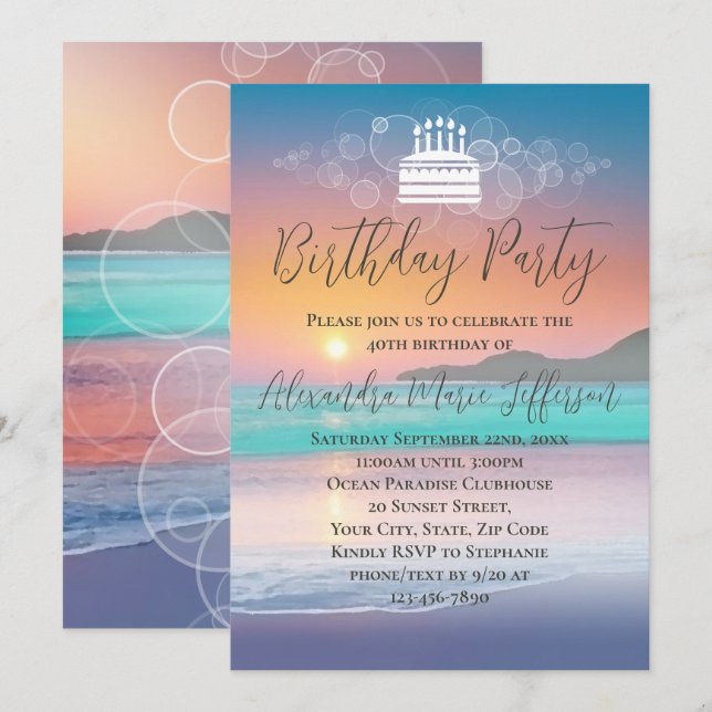 Pastel Sunset Beach Ocean Birthday Party Invitation (Front/Back)