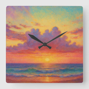 Pastel Sunset Beach - Painterly Style Seascape  Square Wall Clock