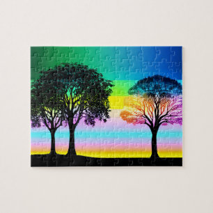 Pastel Sunset Behind Black Silhouette Trees Jigsaw Puzzle
